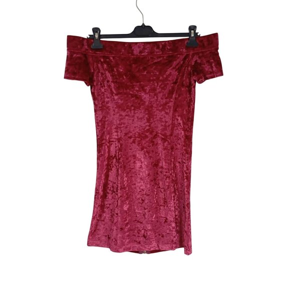 Burgundy Off-Shoulder Velvet Mini Dress With Gold Zipper Front By Essue Size M - Picture 6 of 8